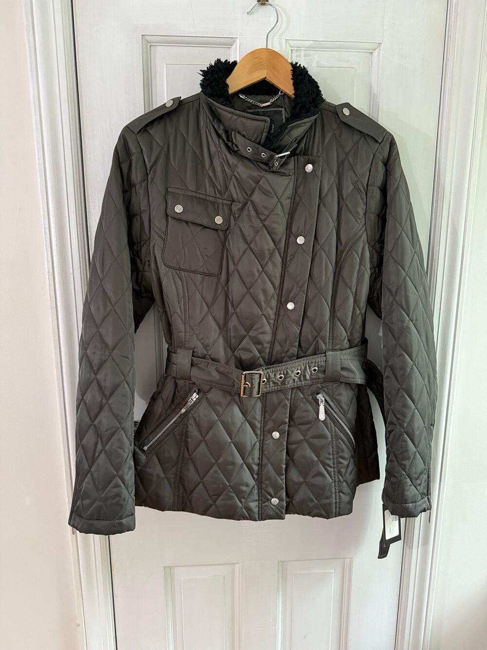 Via Spiga NWT Down Fox Fur Trim Puffer Coat Black Quilted Parka Jacket Women's M